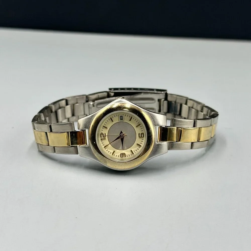 3/$30 Mitre Watch Women Silver Gold Two Tone Date Window New Battery 7.5 Inch